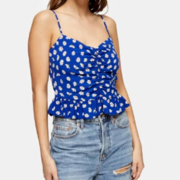 Blue Daisy Floral Print Ruched Ruffle Hem Cami Top - Picture 4 of 4